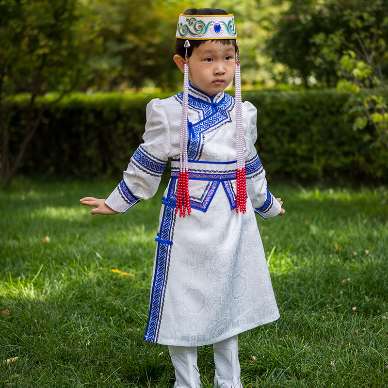 蒙古袍女童蒙古服族日常生活装蒙古舞礼服儿童演出服少数民族白色