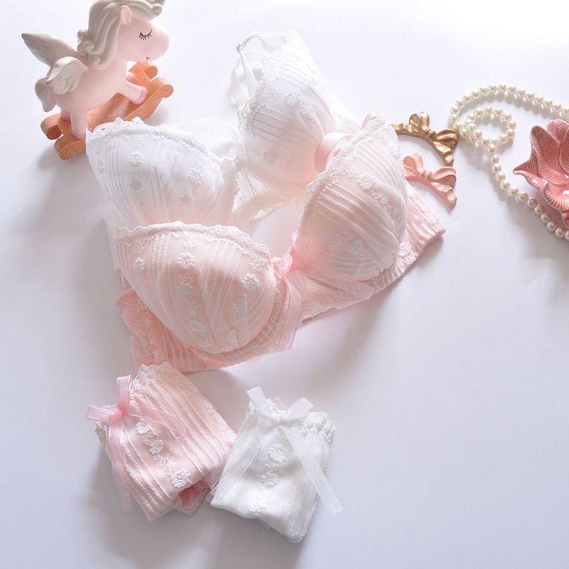 日系粉色白色全尺码薄款甜美学生少女蕾丝刺绣聚拢有钢圈文胸套装