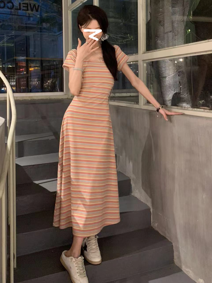 条纹撞色短袖针织连衣裙女夏季2024新款韩系慵懒风外穿小个子短裙