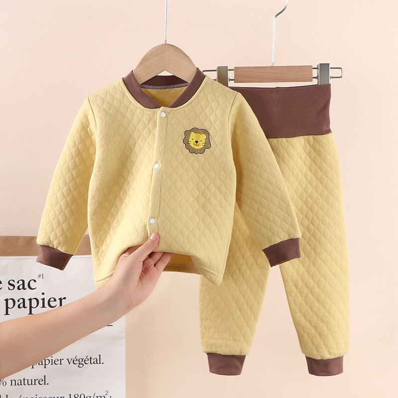 秋冬季婴儿保暖衣儿童宝宝加棉护肚厚睡衣夹棉保暖内衣套装两件套