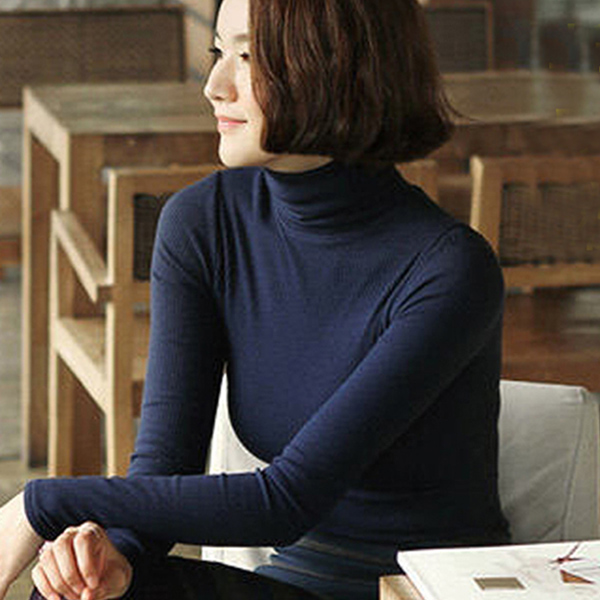秋装黑色女士长袖莫代尔打底衫新款韩版高领修身纯色打底衣T恤潮