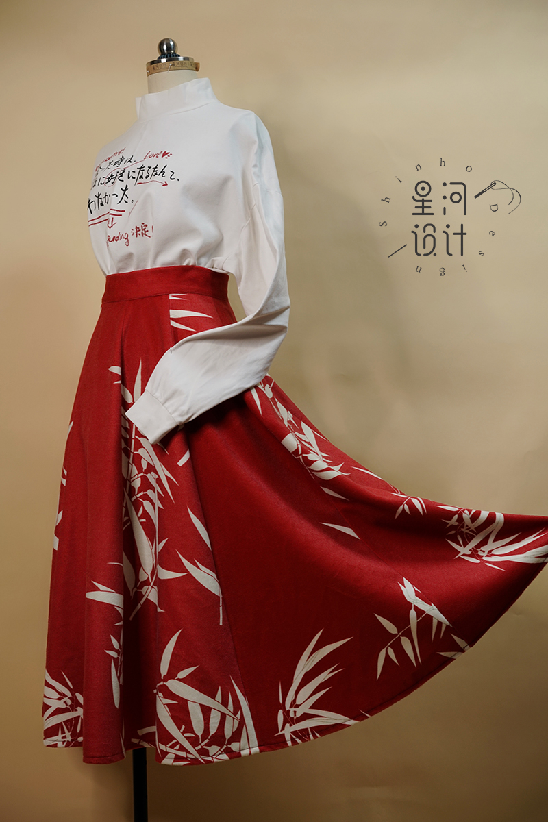 星河设计原创珊瑚红竹毛呢半身裙 拜年敬酒服保暖显瘦红色