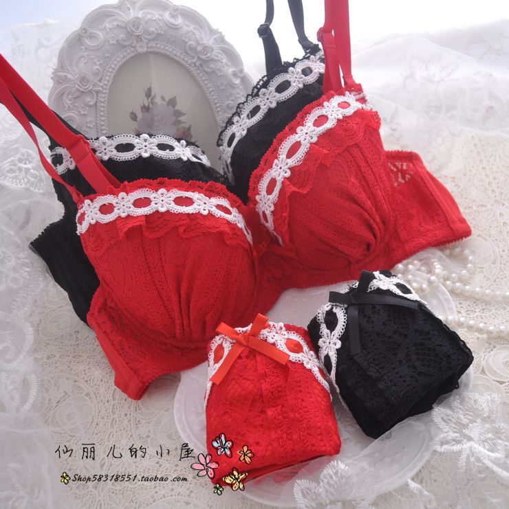 日系出口日本中国红本命年大红色薄罩杯聚拢 刺绣内衣文胸套装