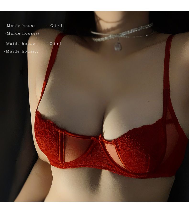性感红色内衣女半杯超薄大胸显小聚拢上托防下垂软钢圈文胸罩