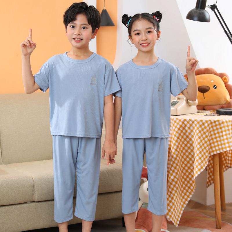 夏季男女童冰丝家居服儿童睡衣短袖七分裤套装空调服两件套薄款