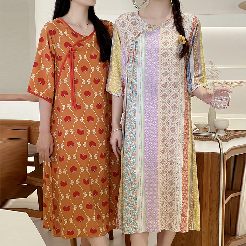 新中式国风棉绸睡裙夏季薄款宽松舒适垂感短袖圆领家居服可外穿