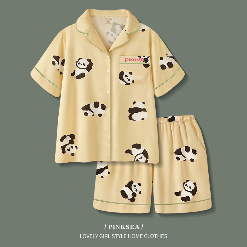 睡衣女夏季新款高级感可爱熊猫冰丝短袖短裤套装女士夏款家居服