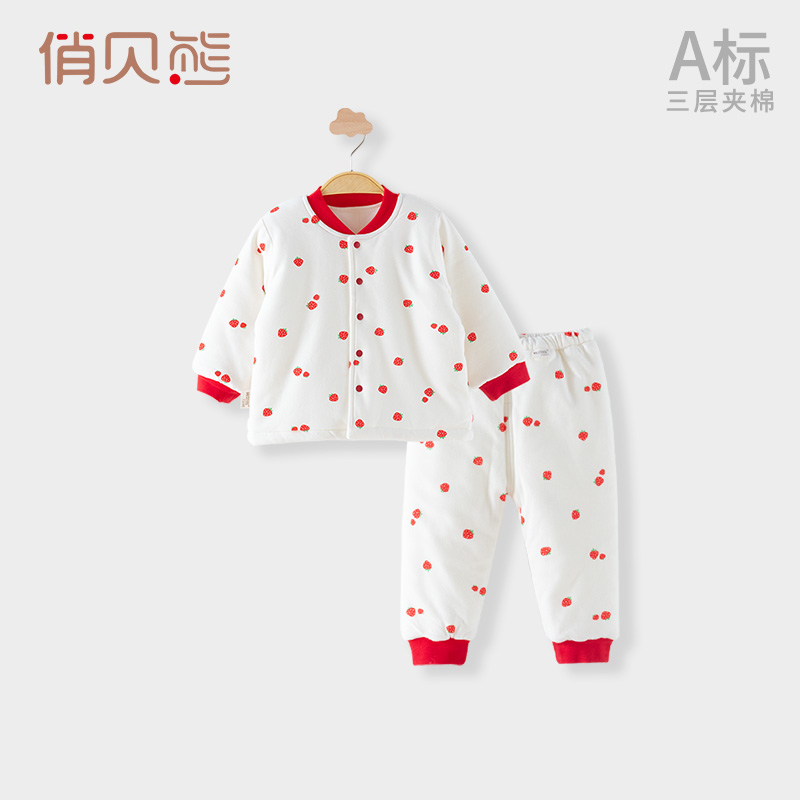 婴儿棉服套装秋冬季加厚女宝宝保暖内衣纯棉三层夹棉儿童棉衣