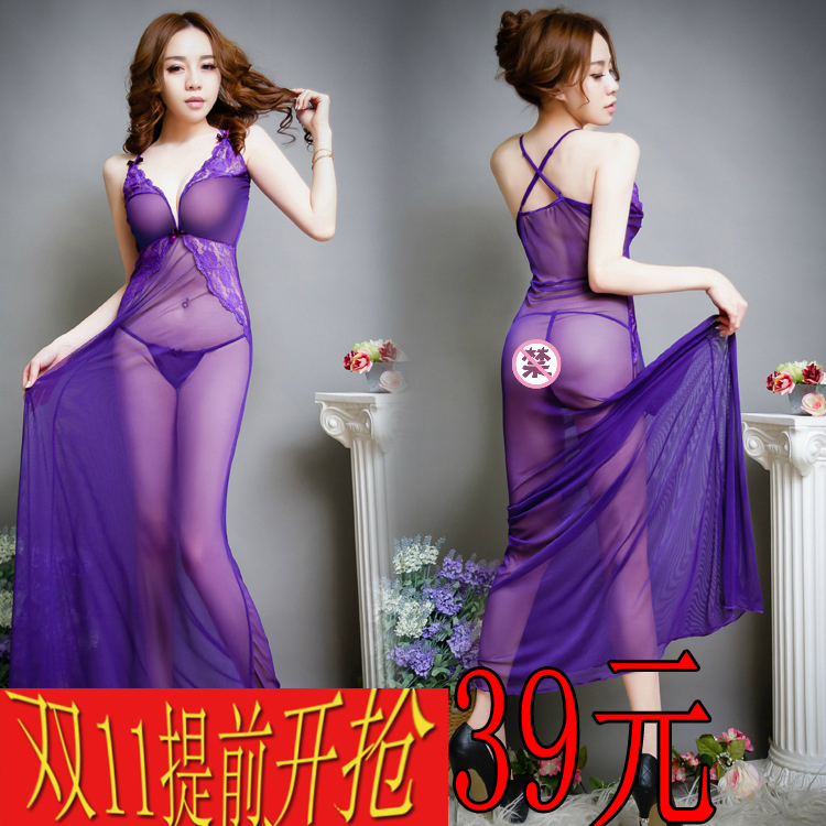 紫色诱惑性感网纱女士内衣妩媚透明睡裙长款吊带迷人透视装16015