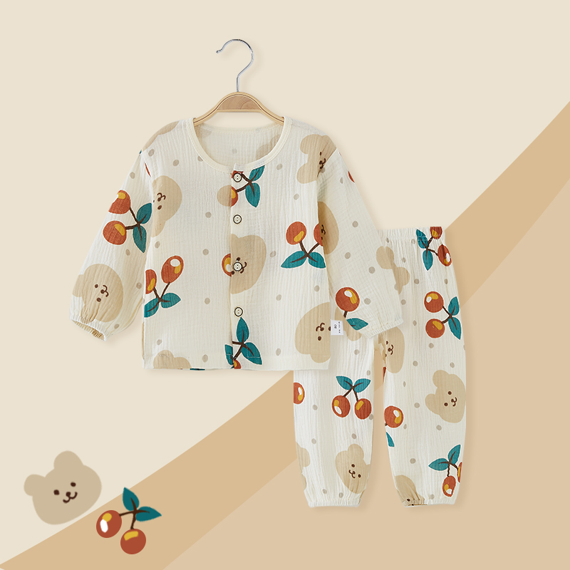 儿童睡衣夏季薄款纯棉分体长袖婴儿空调服套装纱布宝宝内衣家居服