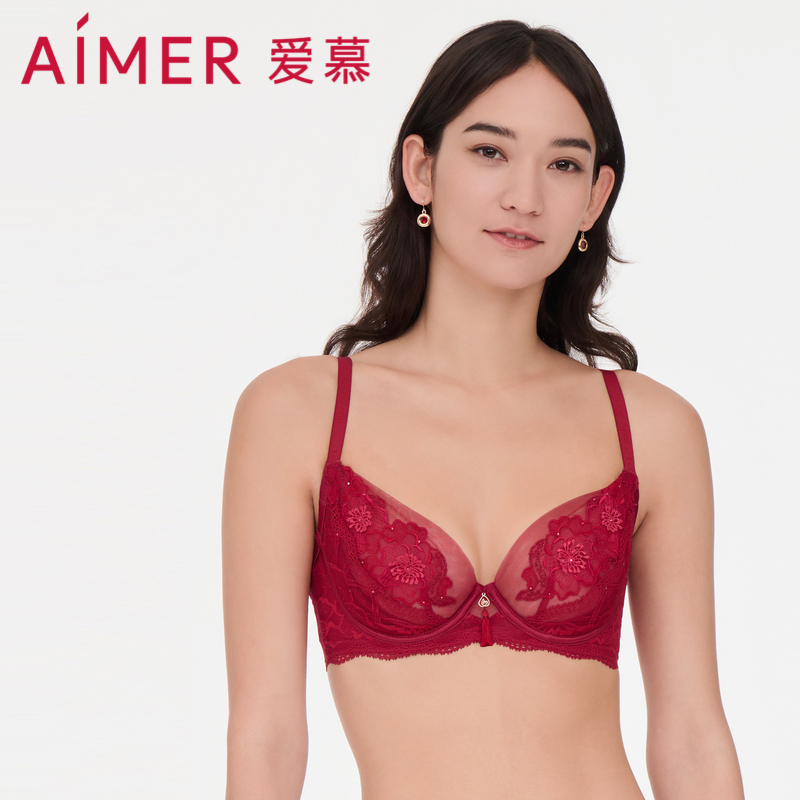 爱慕新款内衣3/4性感单层蕾丝超薄透视红色本命年文胸罩AM138301