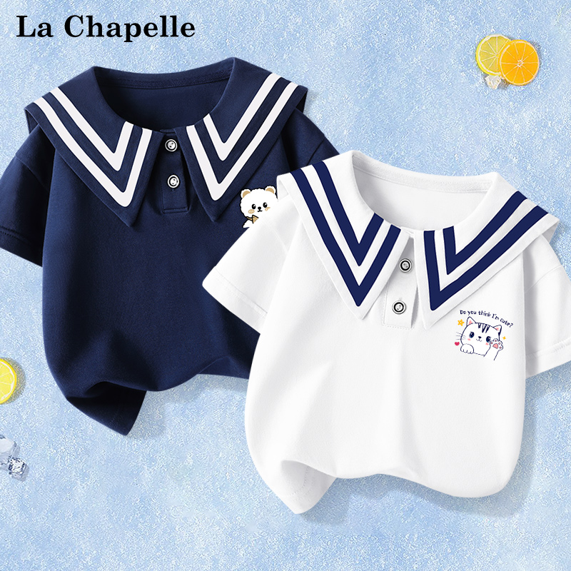 拉夏贝尔女童短袖t恤夏季儿童薄款夏装2024中大童新款海军领童装
