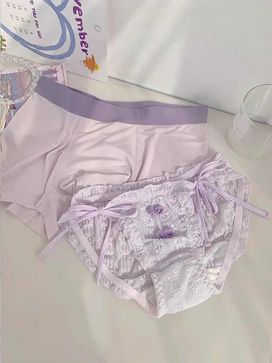 紫色韵味*冰丝糖果色情侣系列一男一女绑带可解透气棉裆内裤礼盒