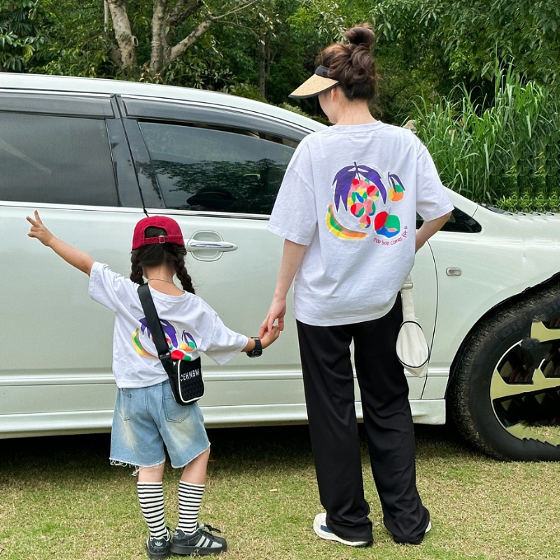 韩版女童洋气亲子装2023夏装宝宝时尚T恤儿童母女装休闲短袖上衣