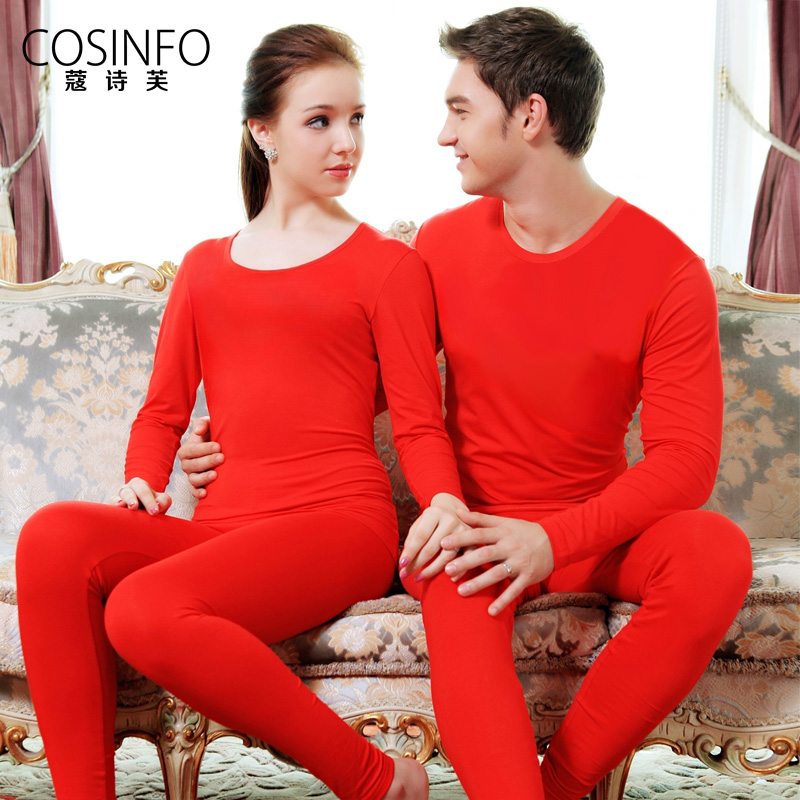 COSINFO情侣红色秋衣秋裤女本命年打底衬衣冬季结婚保暖内衣套装