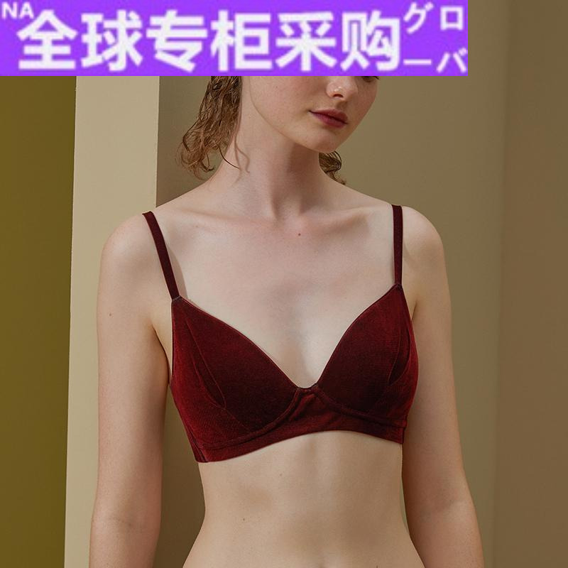 日本新款NEIWAI褶皱3/4杯带胸垫文胸复古红年内衣女薄款大胸显小