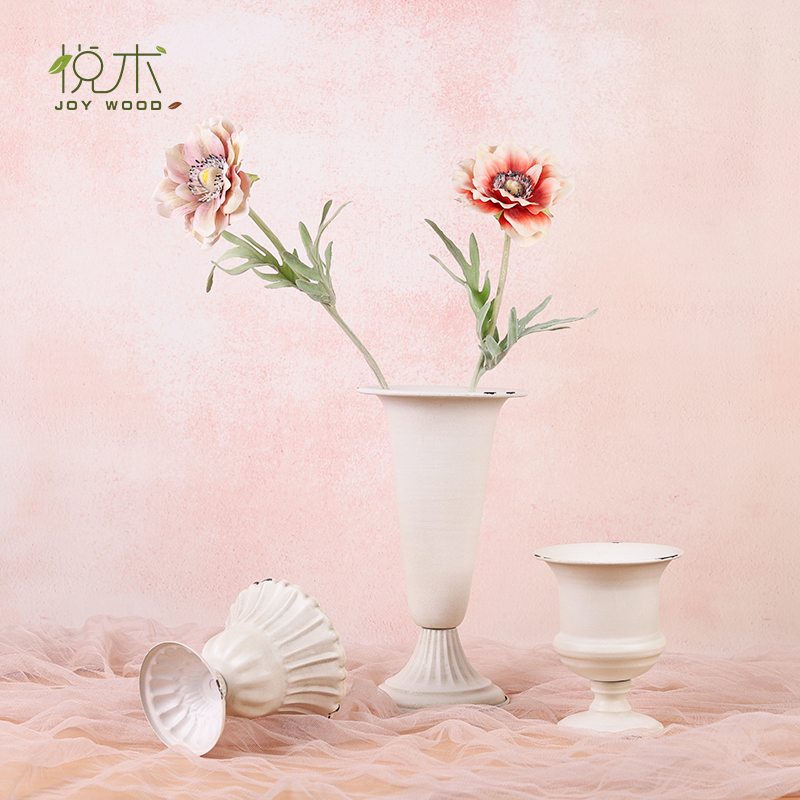 古典高脚杯花瓶摆件客厅插花白色复古铁艺欧式餐桌家用高级感花盆