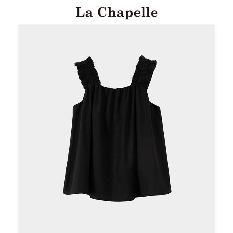 拉夏贝尔/La Chapelle法式无袖吊带背心女夏季黑色外穿荷叶边上衣