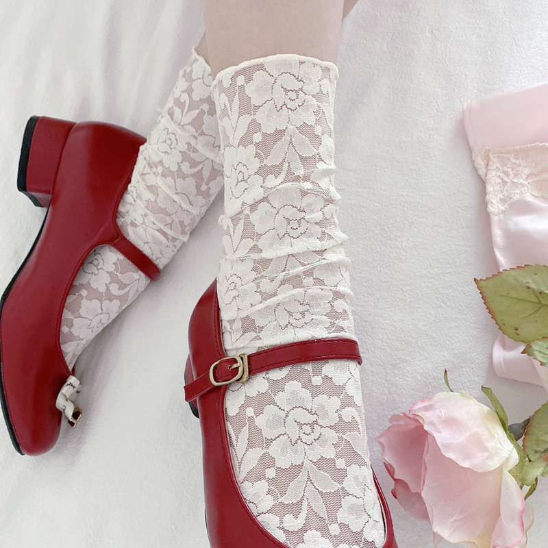 仙女蕾丝袜子芭蕾风日本t*u薄款梦幻花朵奶白色丝袜玫瑰少女短袜