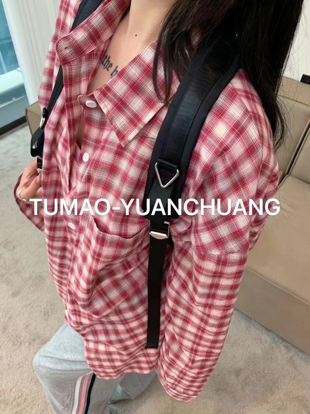 TUMAO正版2024宽松百搭气质洋气格子单排扣polo领开衫衬衫上衣女