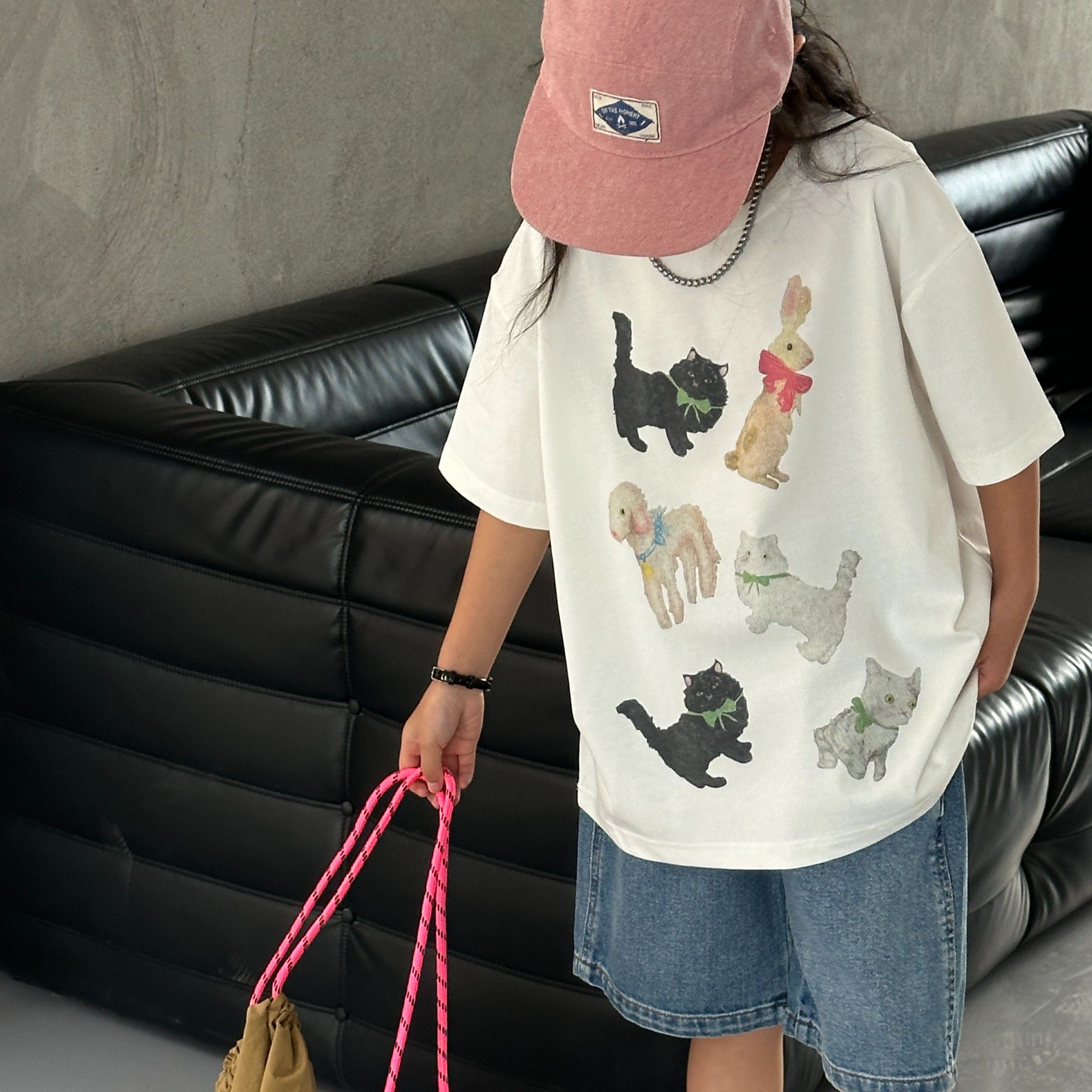 中大童女童短袖2024年夏季新款休闲宽松洋气上衣猫咪印花圆领T恤
