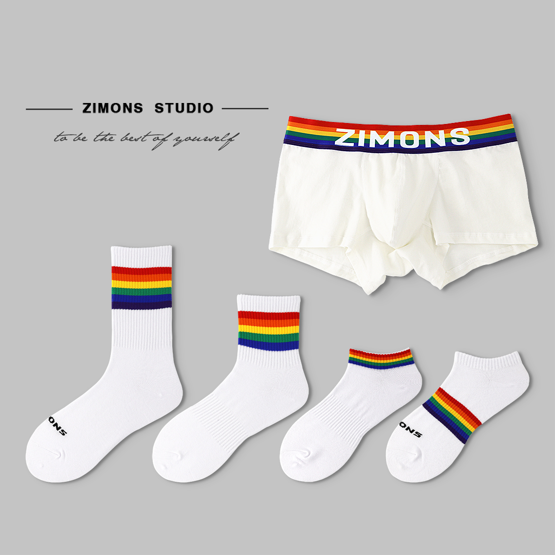 【1条内裤4双袜】彩虹ZIMONS子墨男士条纹原创短中长白袜子潮性感