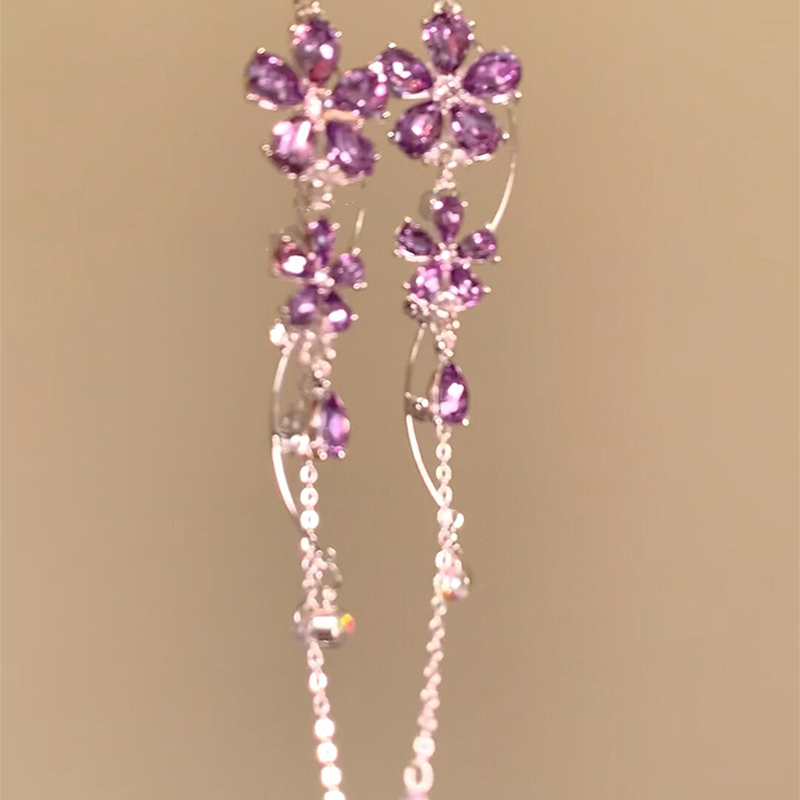梦幻紫色锆石耳环少女小清新花朵流苏耳钉超仙气质长款耳坠耳饰女