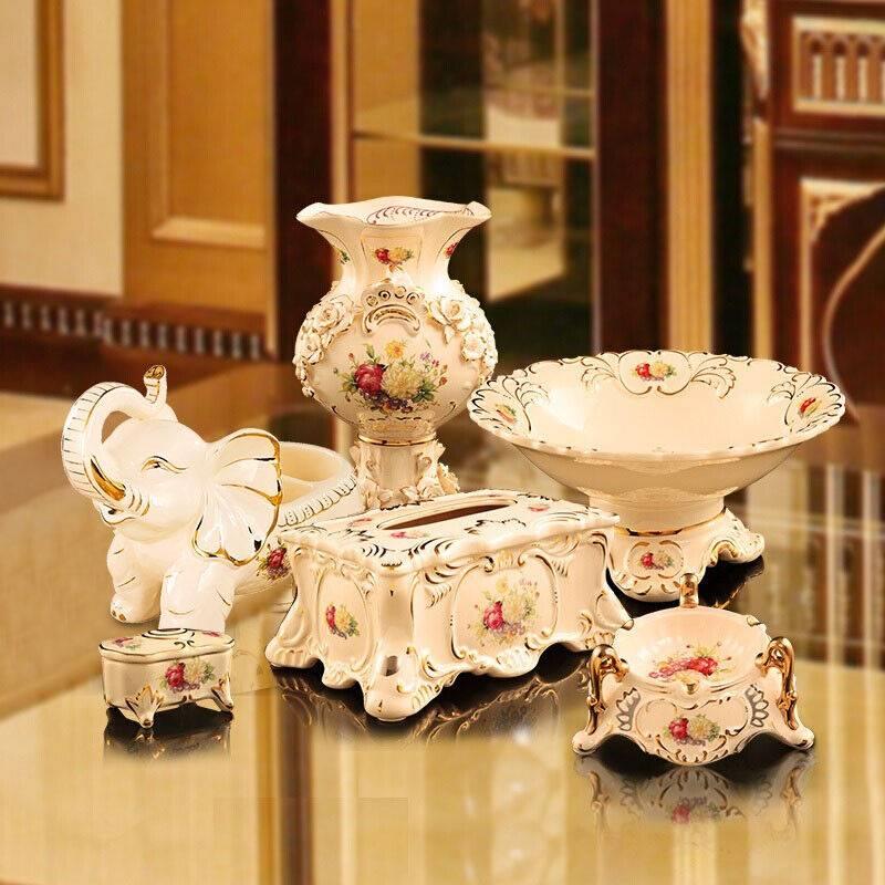 梵莎奇奢华欧式装饰摆件客厅茶几家用花瓶纸巾盒果盘套装家居陶瓷