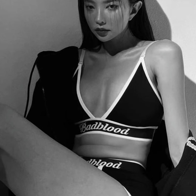 韩国badblood三角杯辣妹文胸女时尚性感刺绣瑜伽泳衣运动内衣套装