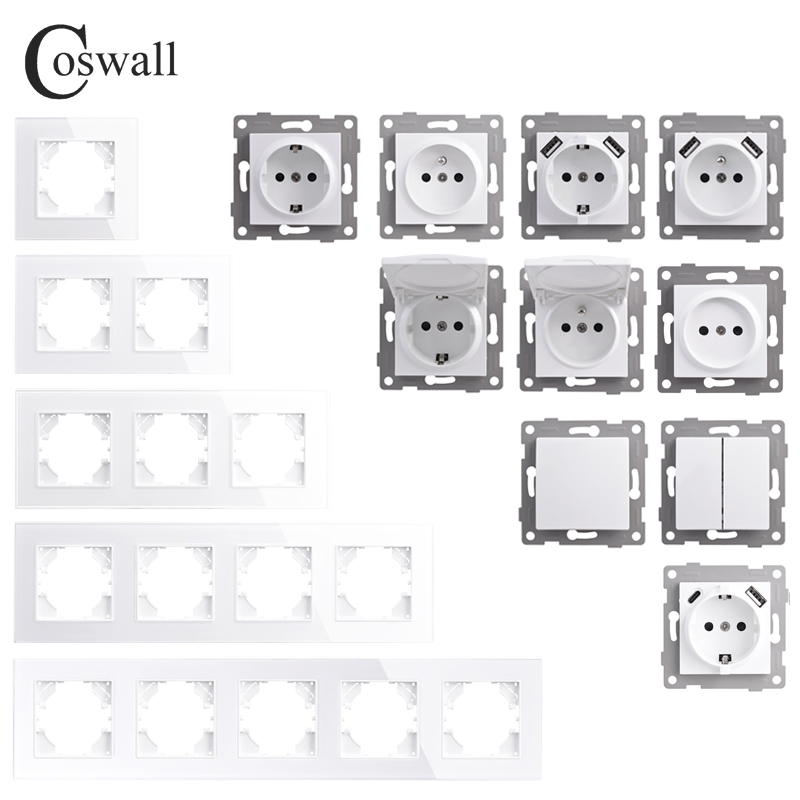 COSWALL 白色玻璃面板 欧规墙壁开关插座 德式USB充电口模块DIY