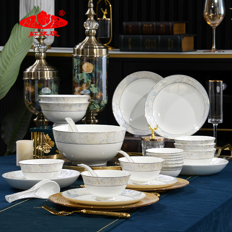 红玫瑰骨瓷新款乔迁唐山陶瓷碗家用花语秘境餐具套装轻奢高级感