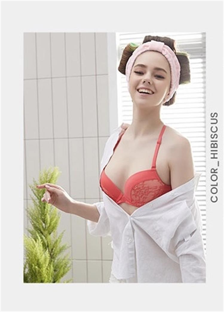 韩国MON品牌女青年纯色橘红甜美蕾丝无托美背肩带后三排搭扣文胸