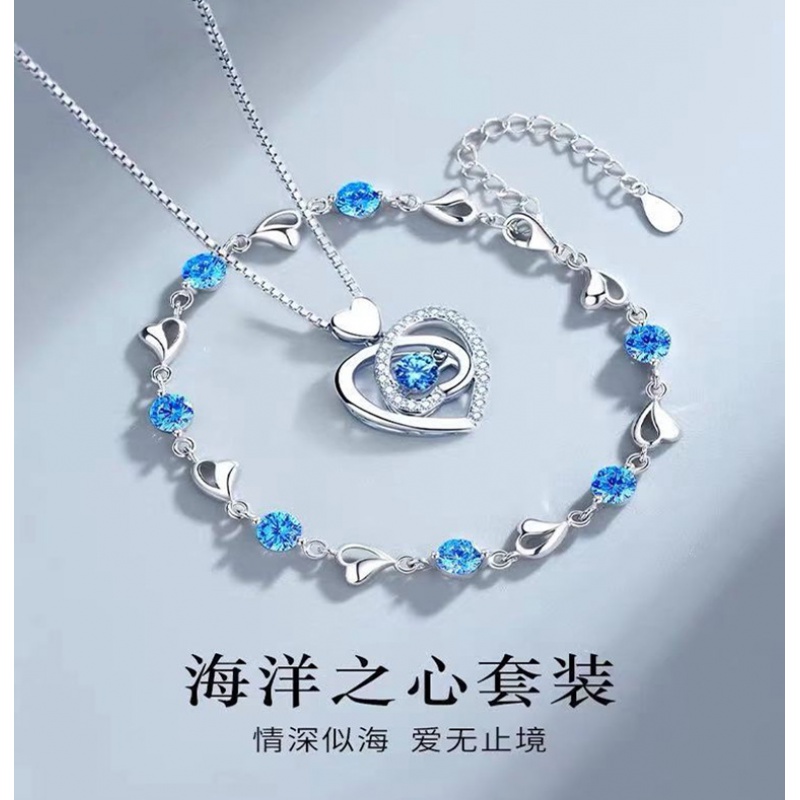 蓝水晶手链女生海洋之心个性轻奢小众银手环饰品女生日礼物送女友
