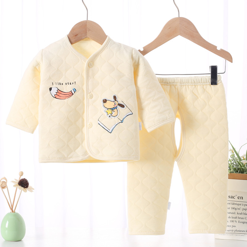 新款新生宝宝保暖内衣套装婴儿开裆夹棉衣服春秋冬季0-1岁两件套