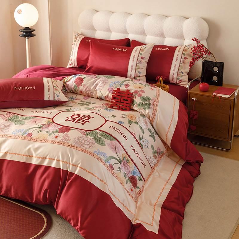 新中式大红色婚庆四件套高级感数码印花结婚陪嫁床单被套床上用品