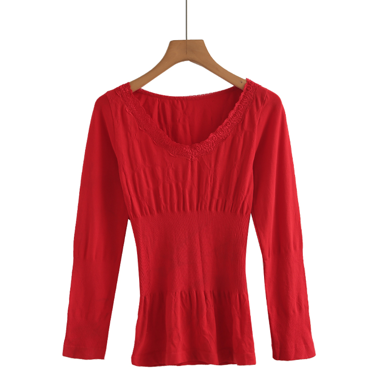 保暖内衣女蕾丝V领打底衫红色上衣修身长袖紧身单件内穿秋