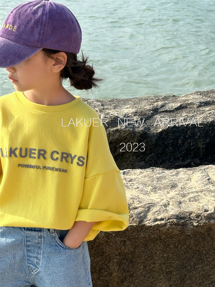 拉酷儿LAKUER波拉韩国童装23夏季纯棉短袖T恤宽松立体字母上衣332