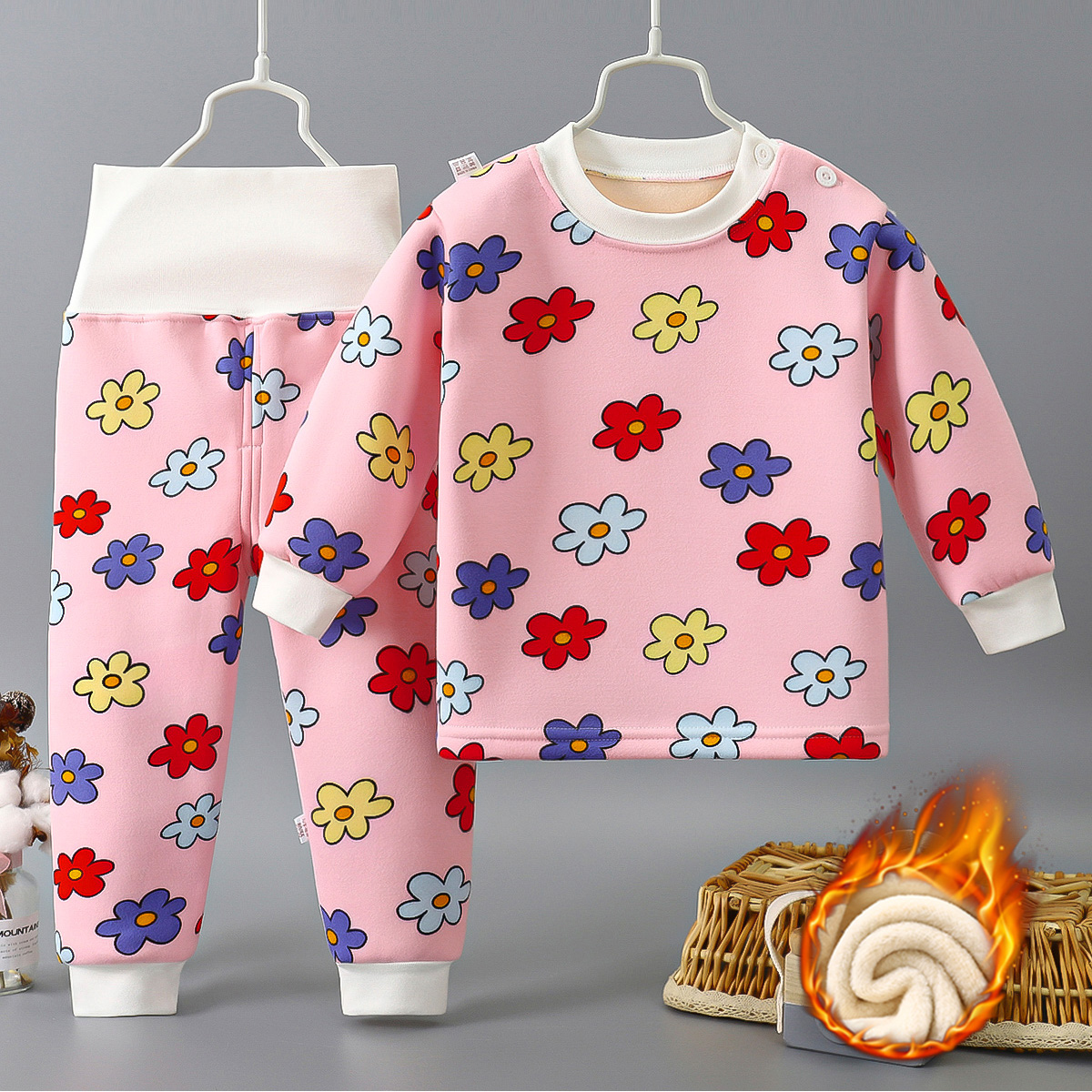 1岁宝宝秋冬保暖内衣套装6个月婴儿加绒高腰秋衣秋裤儿童冬季睡衣