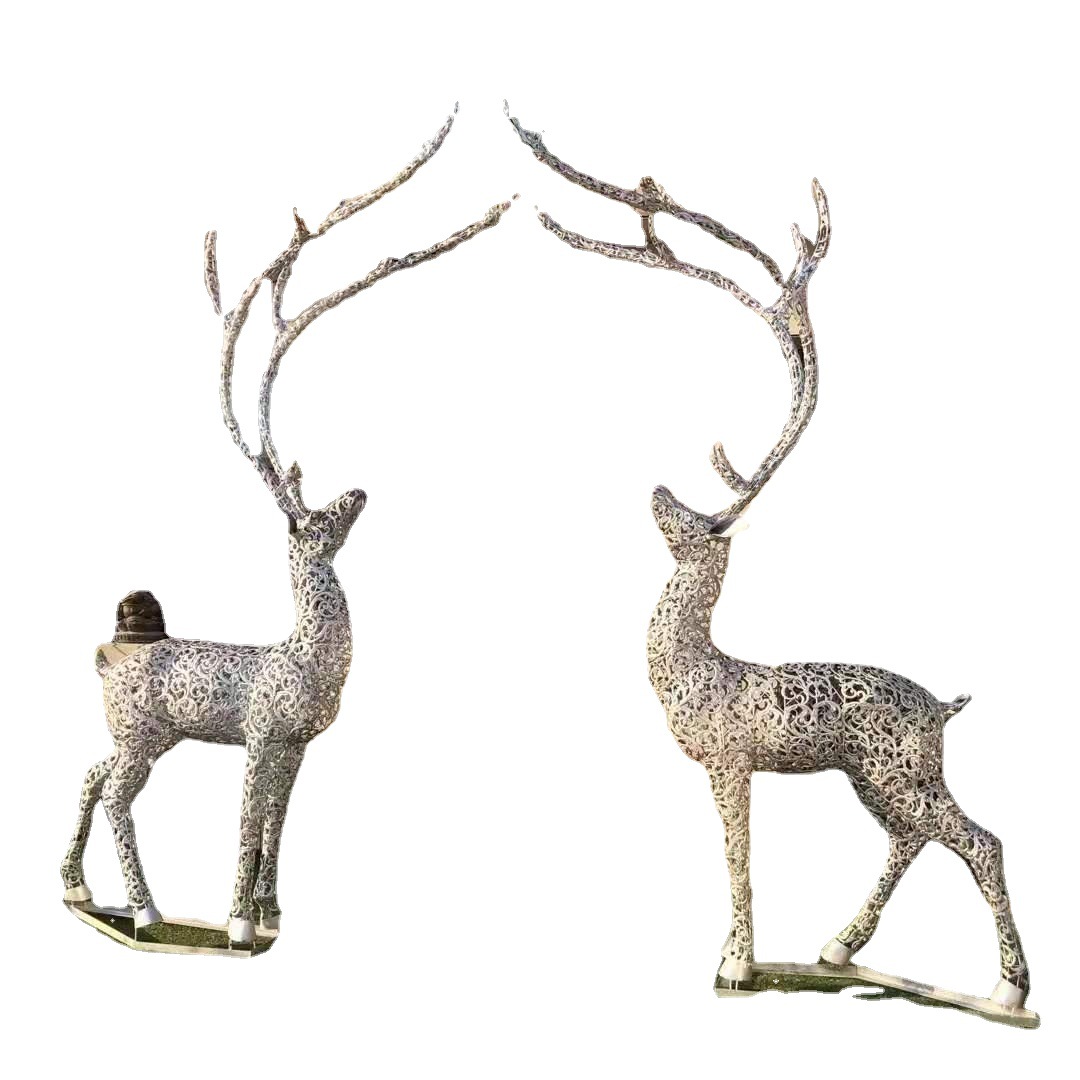 定制不锈钢鹿雕塑小区镂空麋鹿拉丝仿真小鹿创意园林景观动物雕塑