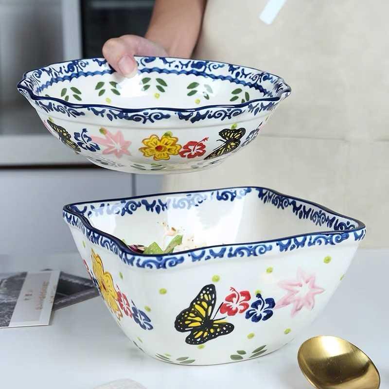 European ceramic noodle soup bowl butterfly love flower