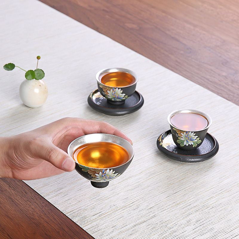 鎏银汝窑茶杯家用陶瓷品茗杯窑变主人杯单杯功夫茶具配件茶盏茶碗