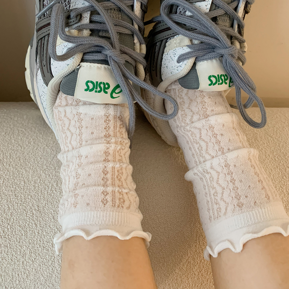 白色花边袜子女中筒袜夏季薄款纯棉蕾丝日系网眼透气夏天长堆堆袜