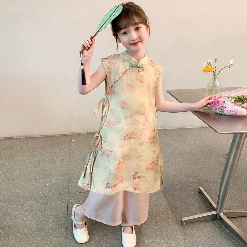 儿童国风新中式旗袍裙女童水墨荷花连衣裙2024新款夏季裙子套装