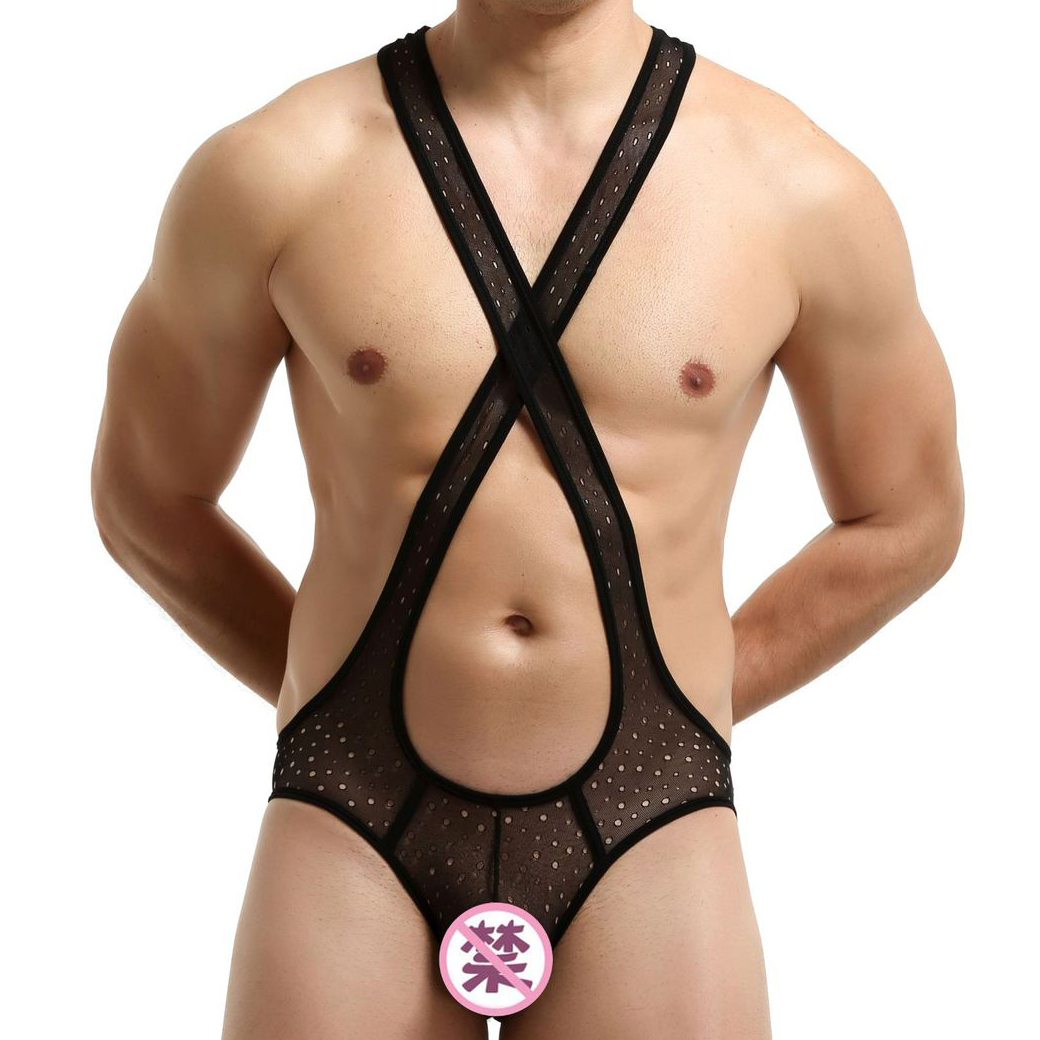 男士性感塑身连体衣情趣网格内衣男生丁字内裤透明摔跤服双丁吊带