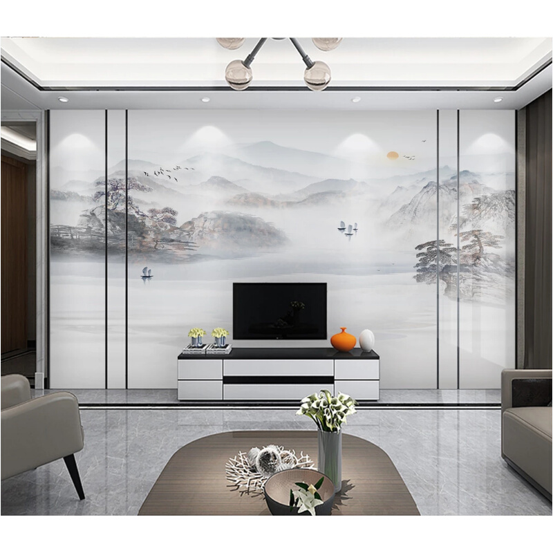 新中式山水风景画竹木纤维集成墙板3D客厅电视背景墙水墨装饰扣板