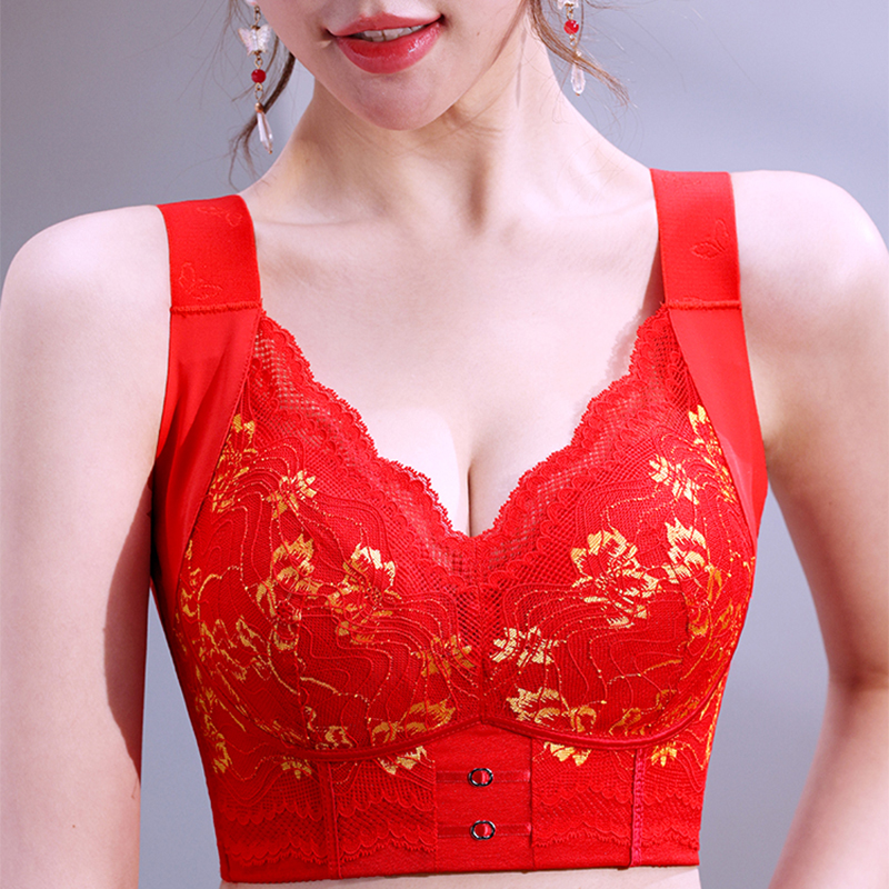 红色内衣女本命年结婚文胸大胸显小大码调整型收副乳防下垂200斤