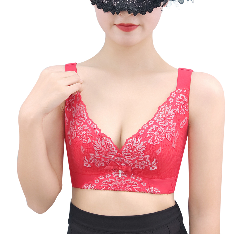 红色大胸薄款文胸聚拢收副乳调整型功能内衣上托防下垂女胸罩