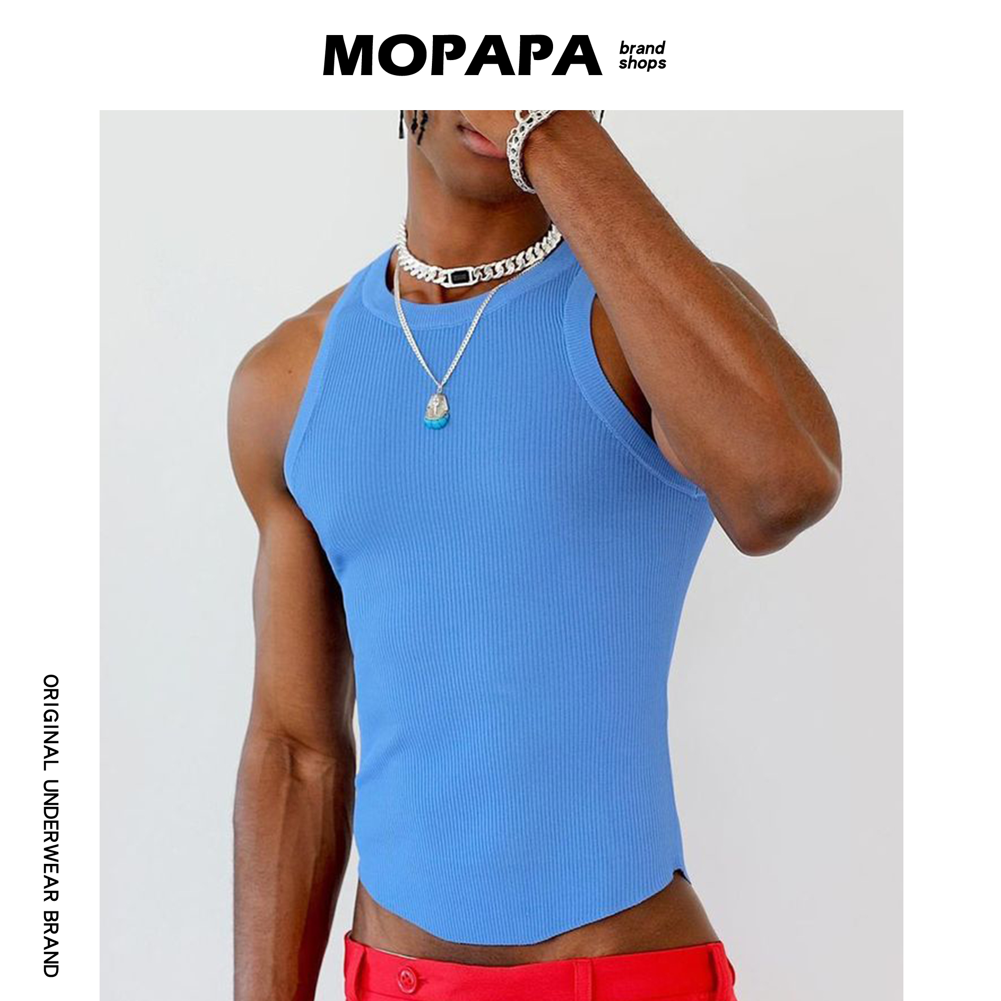 MOPAPA上衣 欧美紧身弹力针织无袖不规则夜店运动男健身工字背心