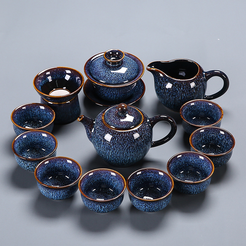 窑变功夫茶具套装家用简约陶瓷泡茶壶中式整套天目釉建盏茶杯盖碗