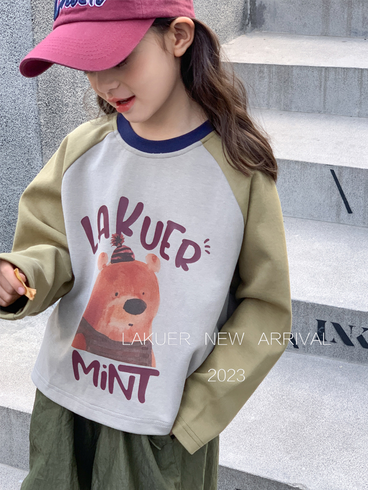 拉酷儿LAKUER波拉韩国童装23夏季男女头撞色系长袖T恤卡通上衣120